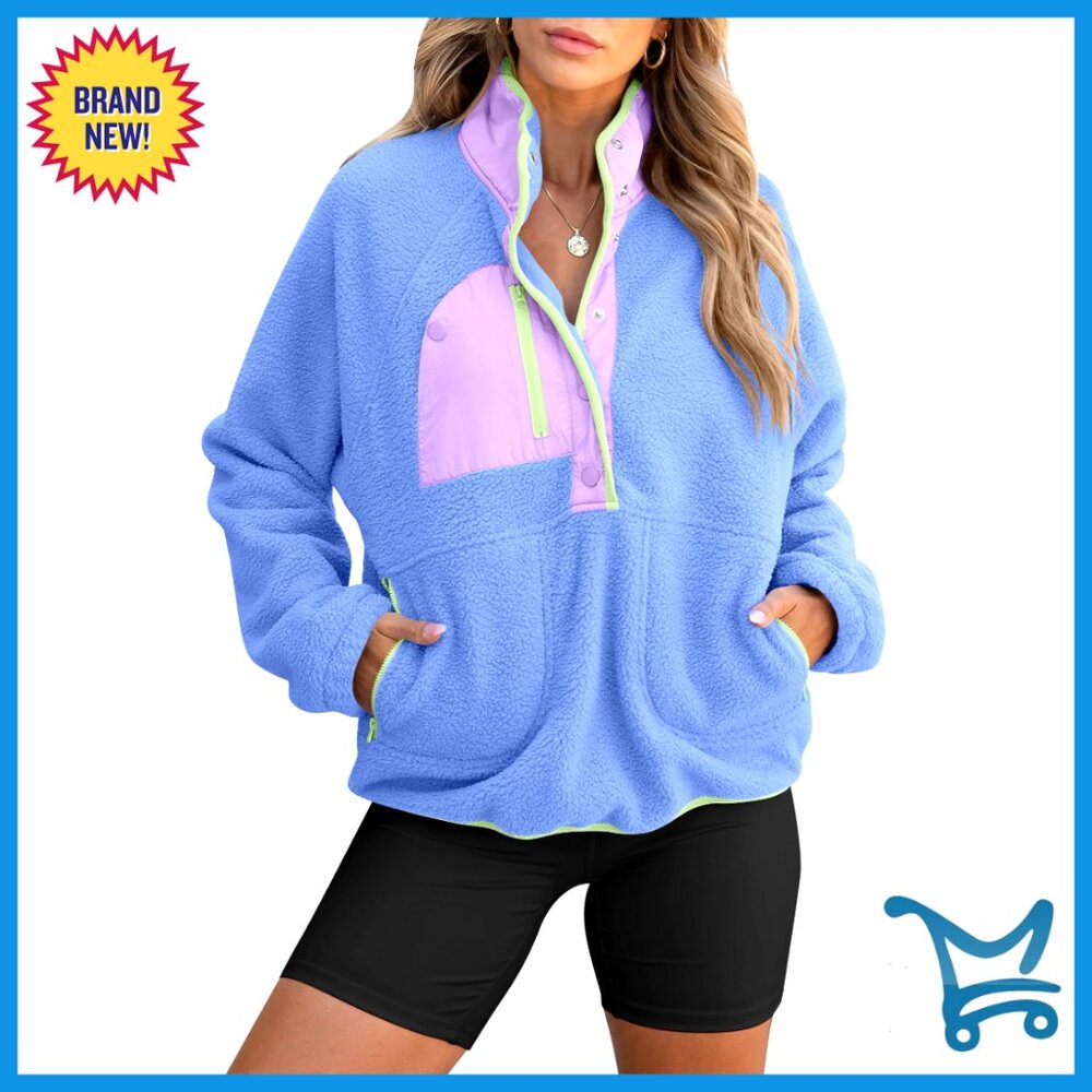 Fuzzy Fleece Pullover Sherpa Sweatshirt Button Down Loose Fit Color Block Jacket